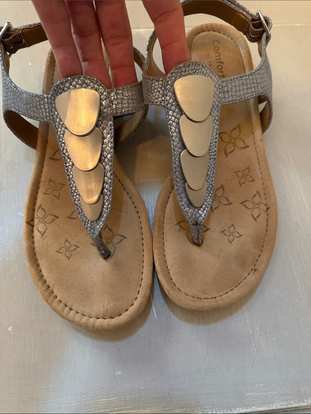 Comfortiva Silver T-Strap Embellished Women’s Sandals